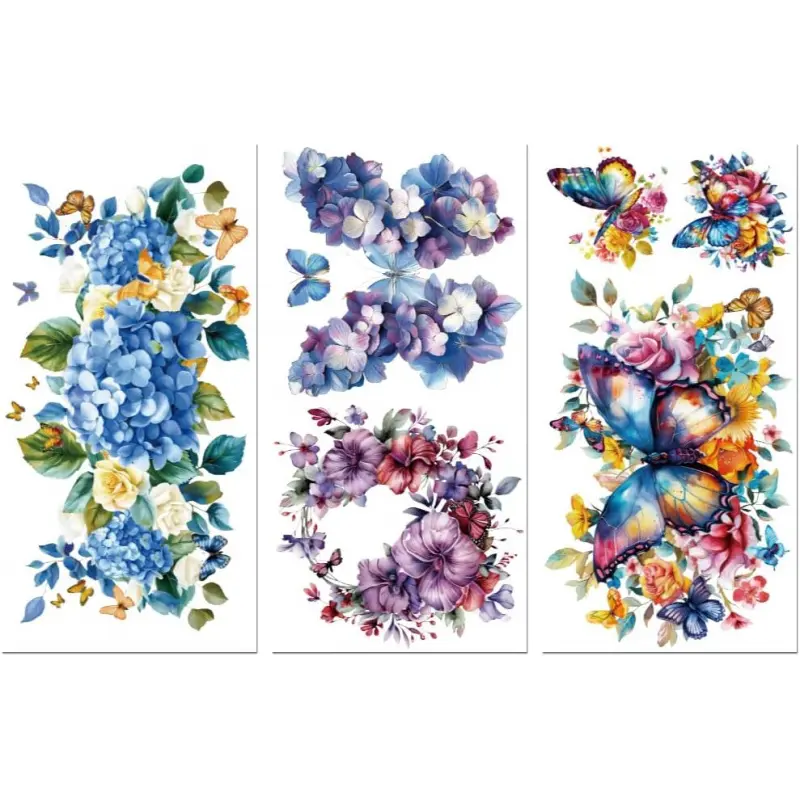 Rub on Transfer Decals for Furniture Crafts Decor 6"x12", 3Pcs Butterflies Bushes with Flower Waterproof UV DTF Transfer Sticker for Dresser Lingerie Chests Drawer Glass Porcelain