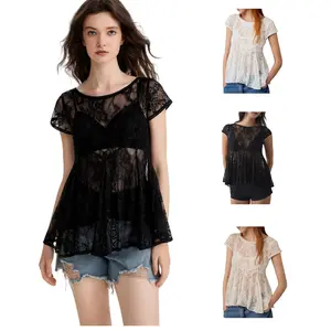 Sheer Tops for Women Short Sleeve Lace Tops See Through Babydoll Tops Mesh Shirts