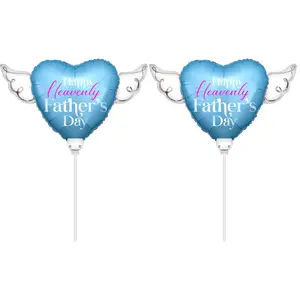 Happy Heavenly Father's Day Memorial Balloon on a Stick – 8" Heart Shaped with Angel Wings Graveside Tribute – 2 Balloons, 2 Sticks & 2 Clips Included