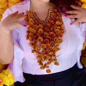 Flowered Palm Artesenal Necklace Hand Made Unique Red Art with Gold Accents and Beaded Detailing for Versatile Wear
