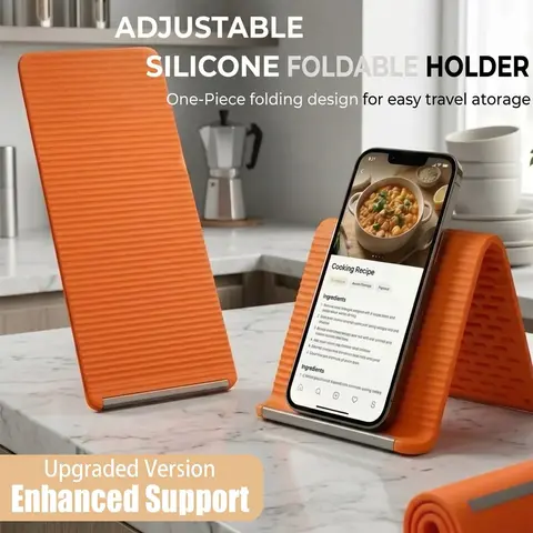 Portable Foldable Silicone Phone Holder, Bendable Freely into Any Shape, Multi-Angle Adjustable Stand for Mobile Phone, Tablet, Laptop, Anti-Slip Desktop Mount, Universal Fit, Home Office Travel Use, Orange Black