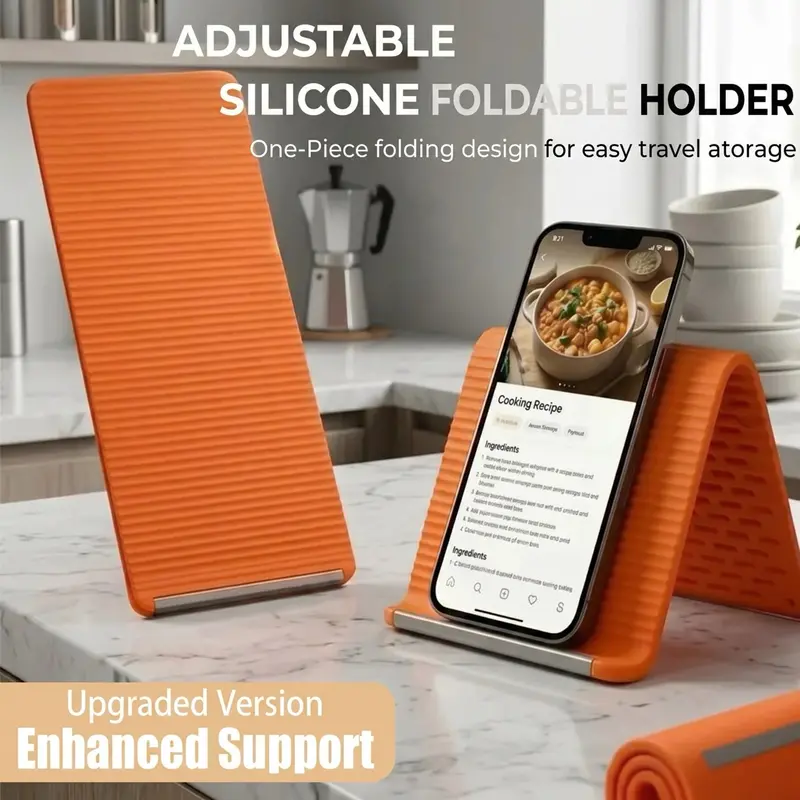 Portable Foldable Silicone Phone Holder, Bendable Freely into Any Shape, Multi-Angle Adjustable Stand for Mobile Phone, Tablet, Laptop, Anti-Slip Desktop Mount, Universal Fit, Home Office Travel Use, Orange Black