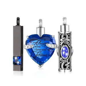 3 Pieces Cremation Urn Necklace for Ashes Vertical Bar Zircon, Heart Crystal Necklace Urn Stainless Steel Waterproof Memorial Pendant Wife Necklace