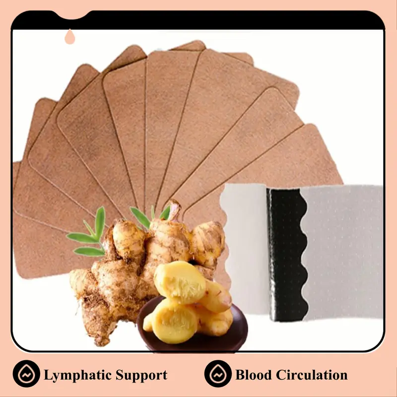 50 self-heating ginger patches covering shoulders, neck, waist, back, hands, feet, knees, and joints. Heat pads (12 x 8 cm) for lymphatic support and blood circulation.