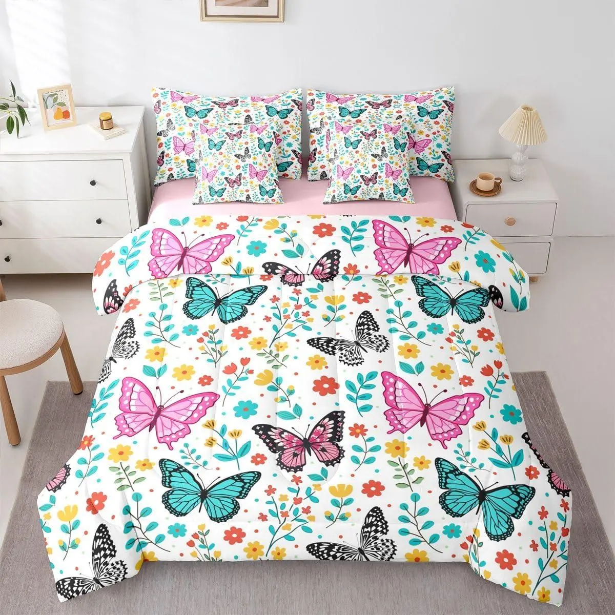 Colorful Butterflies 7 Pieces Bedding Set,Cartoon Floral Bed in a Bag,Flying Butterfly Bed Set Includes Comforter,Sheet Set,Pillowcases & Pillow Covers,Garden Flower Bedroom Decor