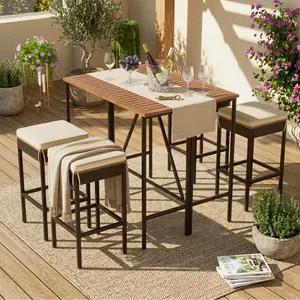 Aobtkel®GO 5-Piece Outdoor Acacia Wood Bar Height Table And Four Stools With Cushions, Garden PE Rattan Wicker Dining Table, Foldable Tabletop, High-Dining Bistro Set, All-Weather Patio Furniture, Brown#Summervibes