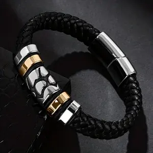 Men's Sleek Black Braided Faux Leather Bracelet with Magnetic Clasp Fashionable Casual Wrap Personality Jewelry Accessory