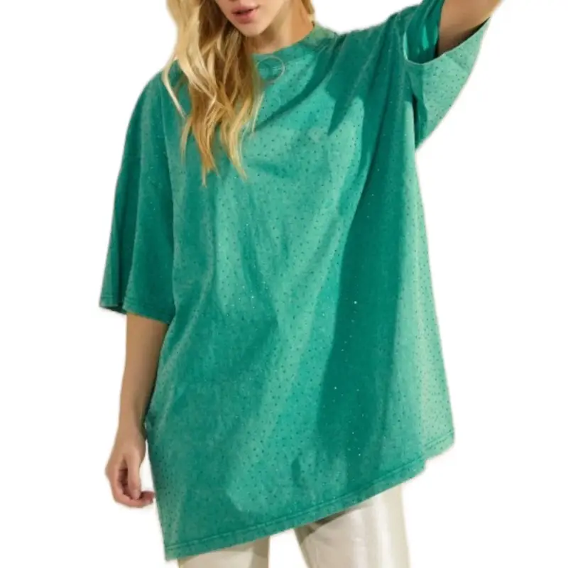 Kiki Fashion Oversized LONG Tshirt with Full Rhinestones Casual Round Neck