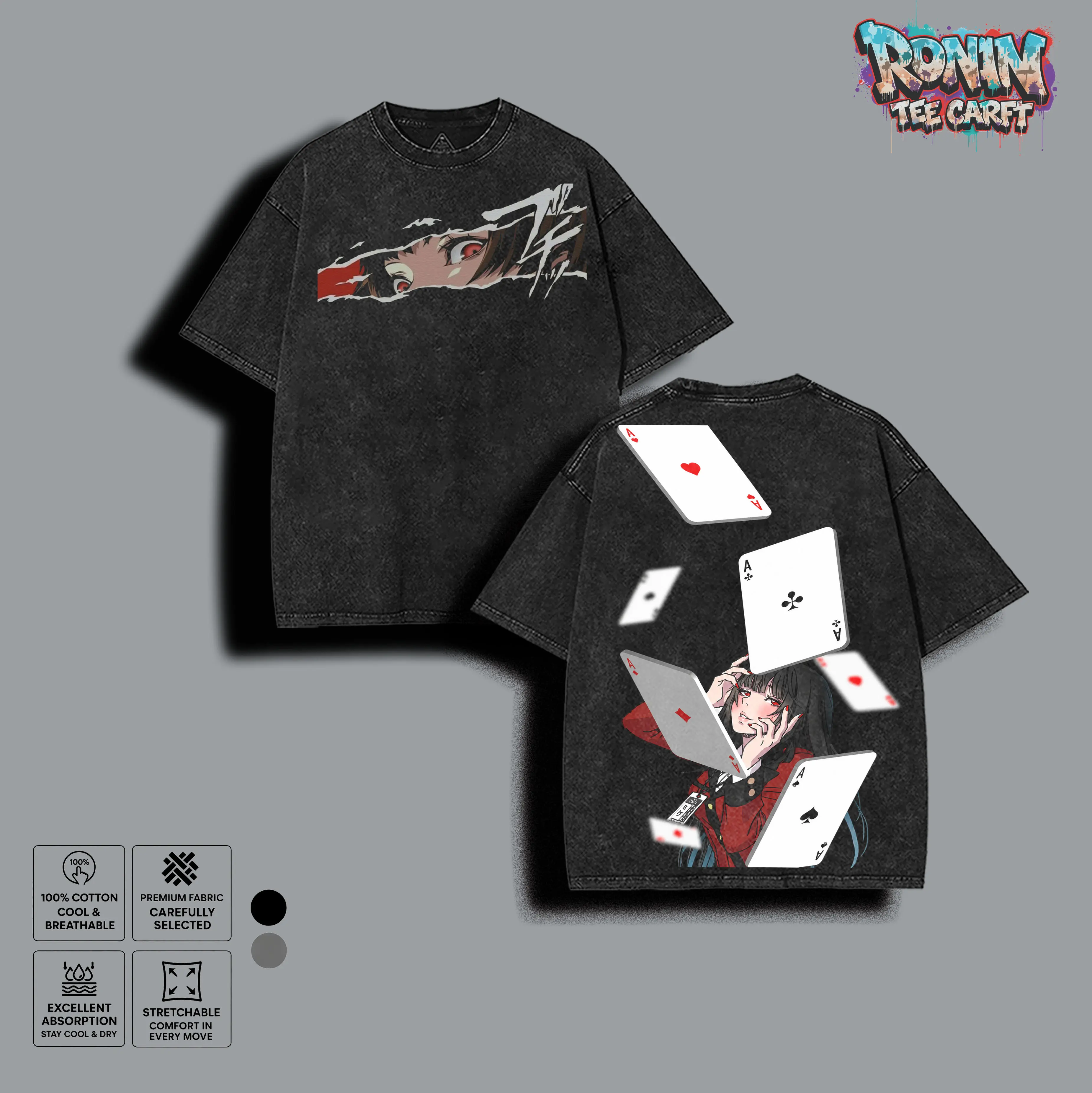 Kakegurui Anime Girl Washed T Shirt, Japanese Gambling Manga Graphic Tee, Unisex Loose Fit Streetwear Summer Outfit