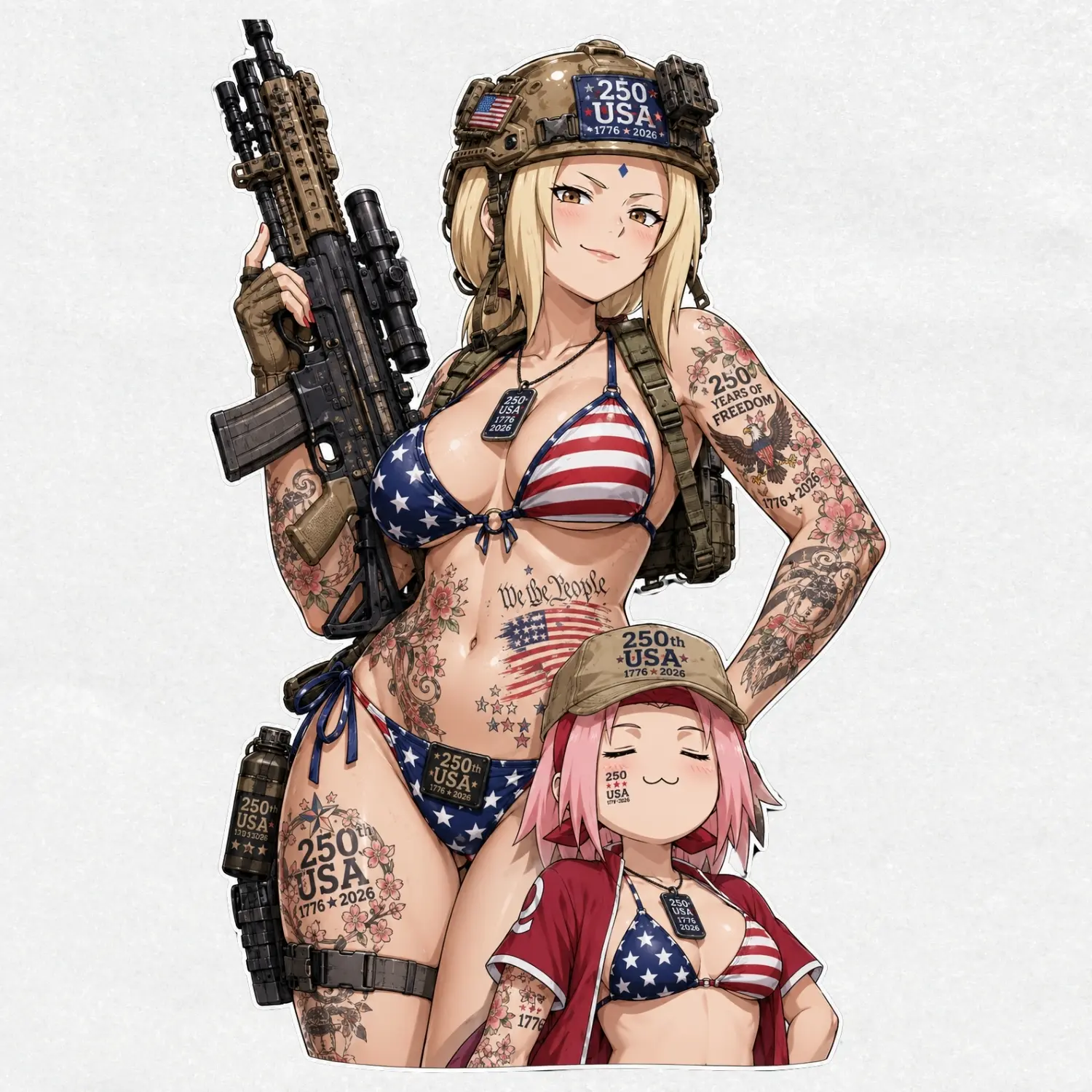 Tsunade & Sakura USA 250th Tactical Bikini Vinyl Sticker  Naruto Anime Waifu Duo  Ops-Core FAST Helmet & MK12 Rifle  4th of July Decal