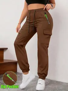 Women’s cargo jogger pants with zippered pockets for spring/summer, available in 1-pack or 3-pack.Featuring a large pocket design and an elastic waistband with an elastic drawstring waist, these are slim-fit, Versatile
