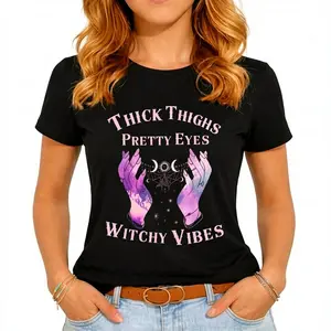 100% Cotton Unisex Thick Thighs Pretty Eyes Witchy Vibes Mystical Halloween T-Shirt