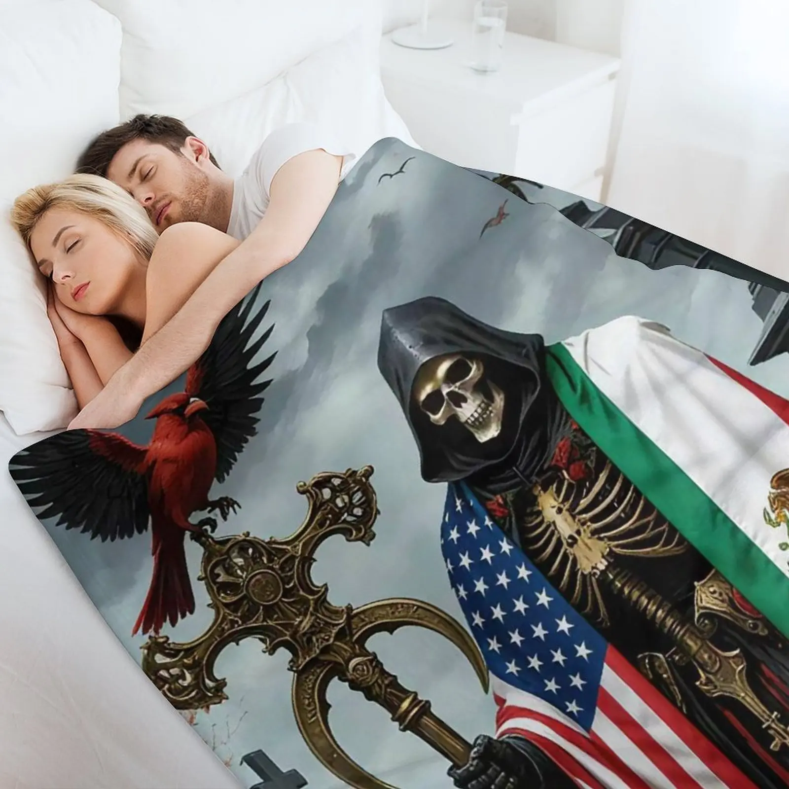 Grim Reaper Skeleton Flannel Blanket with USA-Mexico Flag Print