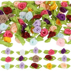 100 count Mini  for Crafts Multicolor Mini Roses Satin Roses with Green Leaves Small Satin Roses  Artificial Fabric Flower Ornament Applique for Wedding Bride Sewing Wrapping DIY Wreath Decor