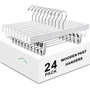 24 Pack White Wooden Pants Hangers with Clips, 14"  Skirt & Trousers Hangers, Closet Hangers for Jeans, Slacks, Shorts, with 2-Adjustable Clips (White, 24)