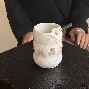 Handmade Cute Bow Cartoon Ceramic Mug, High-Quality Coffee Cup, Hand Wash Only, Perfect Holiday Gift, Unique Design