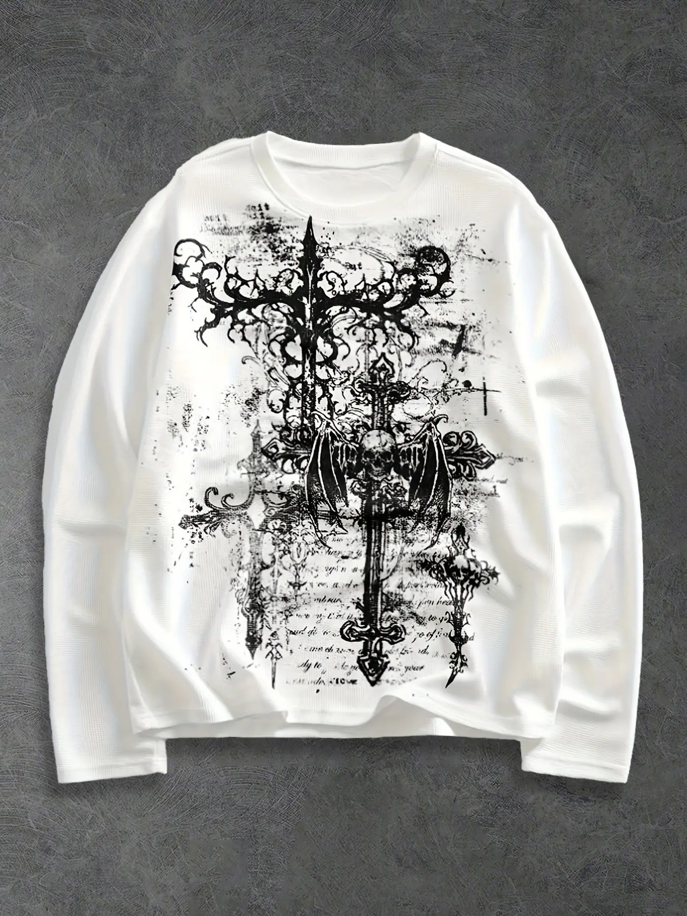Unisex Trendy Streetwear Dark Aesthetic Waffle T-Shirt, Body with Gothic Print Details, Loose Comfort Fit, Casual Graphic Top, Casual Style Tee