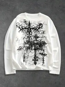 Unisex Trendy Dark Aesthetic Waffle T-Shirt, Body with Gothic Print Details, Loose Comfort Fit, Casual Graphic Top