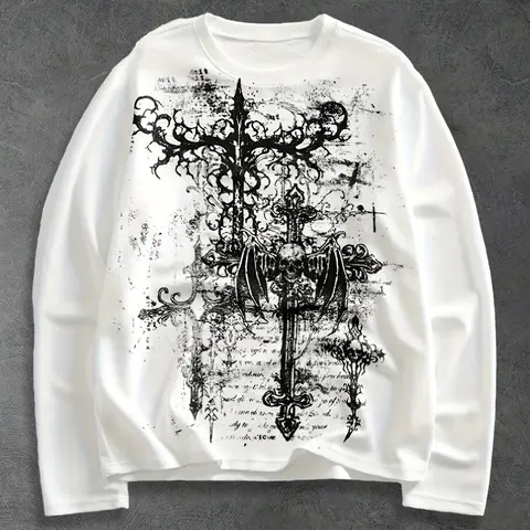 Unisex Trendy Streetwear Dark Aesthetic Waffle T-Shirt, Body with Gothic Print Details, Loose Comfort Fit, Casual Graphic Top, Graphic Print Tees