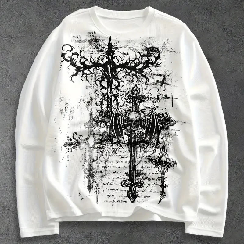 Unisex Trendy Streetwear Dark Aesthetic Waffle T-Shirt, Body with Gothic Print Details, Loose Comfort Fit, Casual Graphic Top, Graphic Print Tees