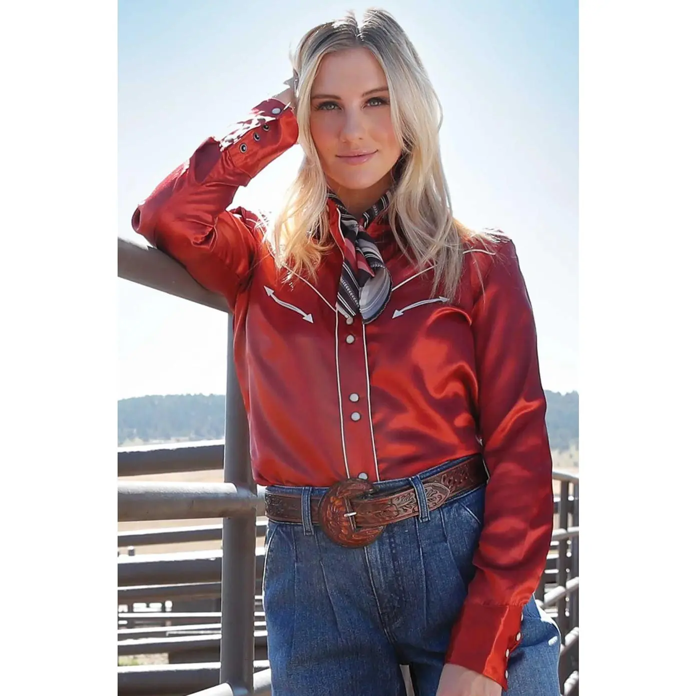 CRUEL DENIM Women's Fitted Elegant Western Satin Blouse - Rust, Long Sleeves, Pearl Snaps, Piping Detail, Metallic Accents - Matching Tops & Shirts for Womenswear, Longsleeves, Yoke