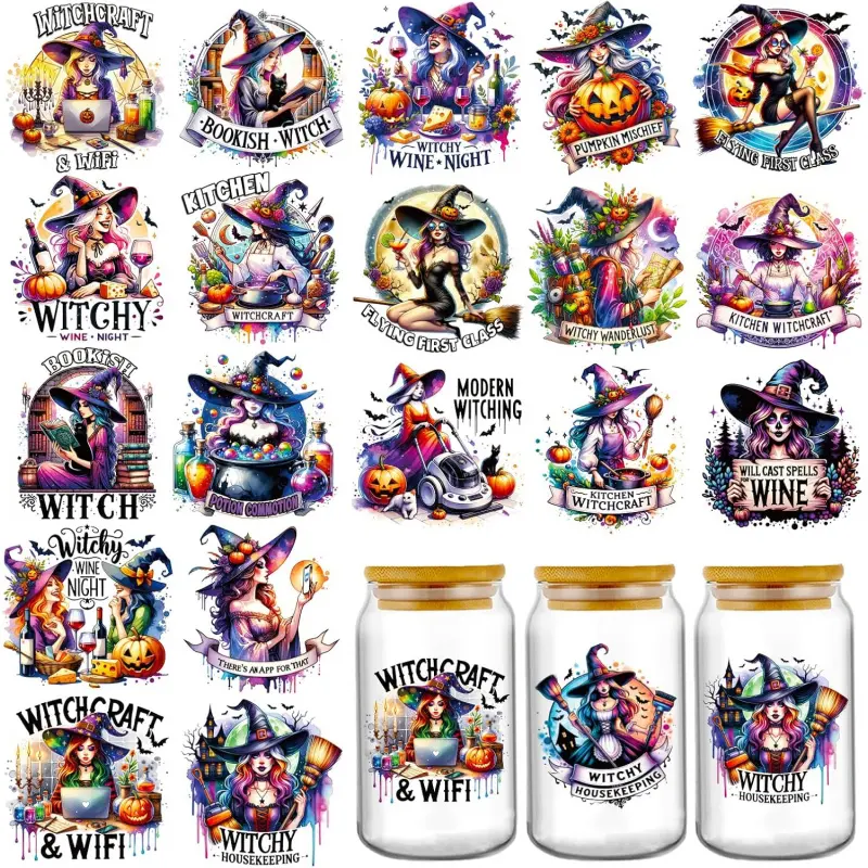 Halloween UV DTF Cup Wraps - 20 Sheets Magic Witch UV DTF Tumbler Wrap for 16 20 oz Glass, Pumpkin Castle Black Cat Transfer Stickers DIY Decorative Stickers DIY Water Bottle Coffee Mug Journal Bumper Craft Decal Decoration