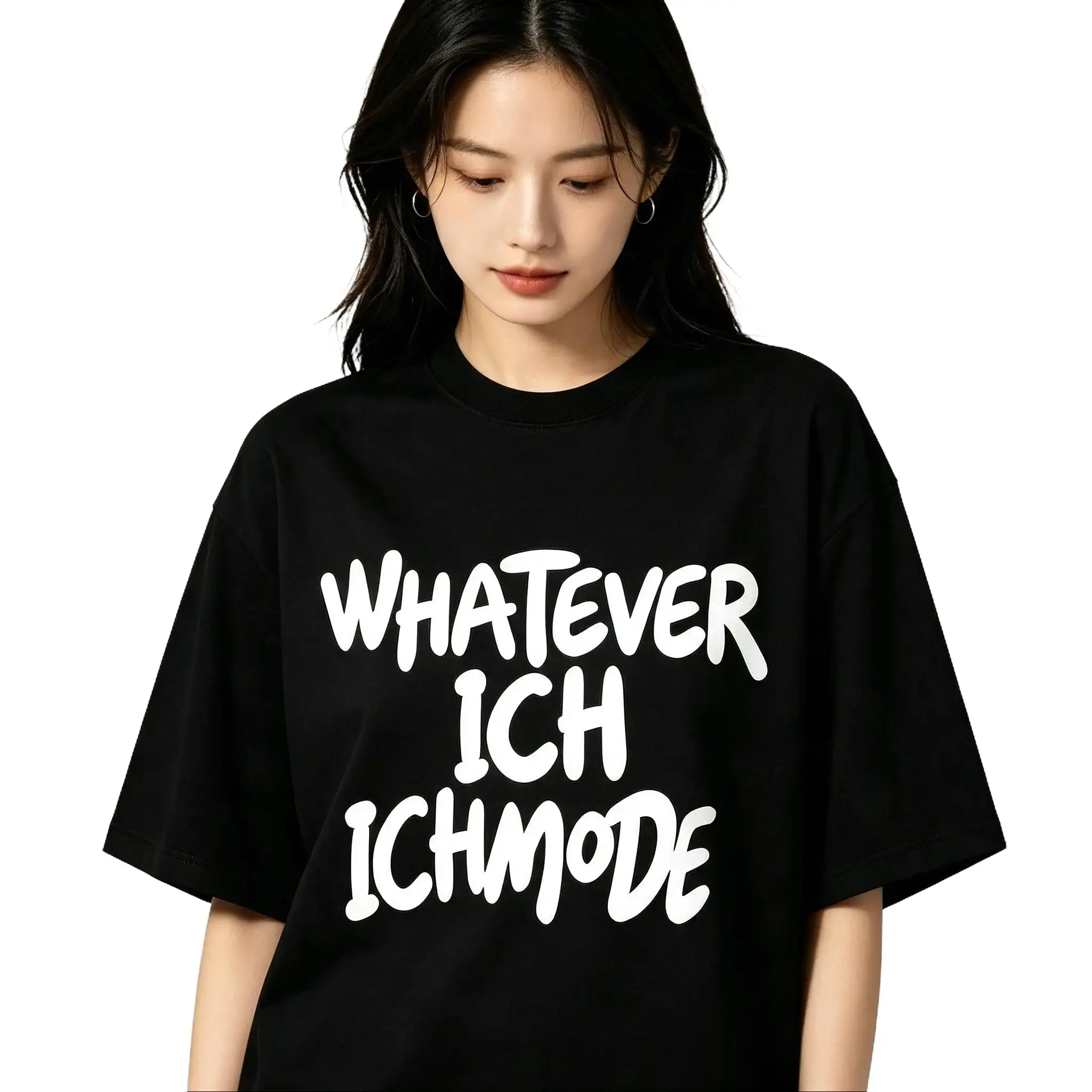 Oversized Black T-Shirt, Whatever ICHUMODE White Graphic Tee, Casual Streetwear Unisex Loose Fit Top For Women Daily Outfit, Everyday, Comfortable