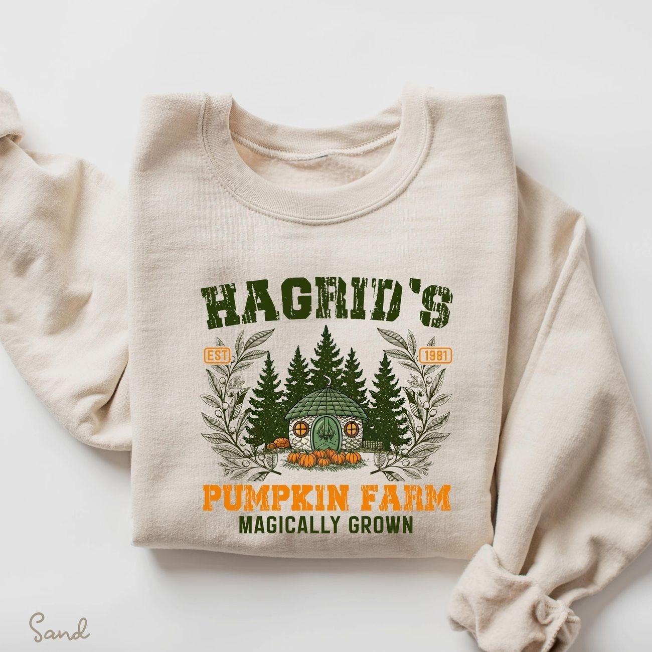 Hagrid’s Pumpkin Patch Fall Sweatshirt, Spooky Season Halloween Crewneck Jumper, Magical Wizard School Fan Gift, Cute Autumn Pumpkin Patch Graphic Pullover, Witchy Bookish Thanksgiving Apparel, Cozy Fall Aesthetic Clothes for Women & Men