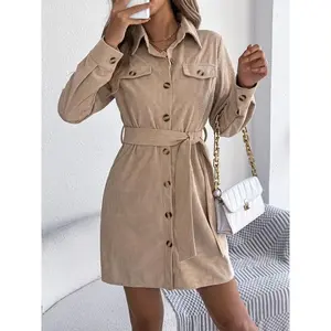 Women's Solid Color Corduroy Dress, Casual Long Sleeve Belted Dress for Fall & Winter, Women's Clothing for Daily Wear