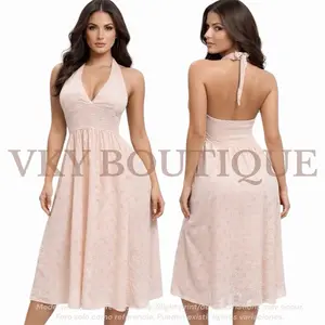 Halter Neck Eyelet Midi Dress (Smocked Waist)