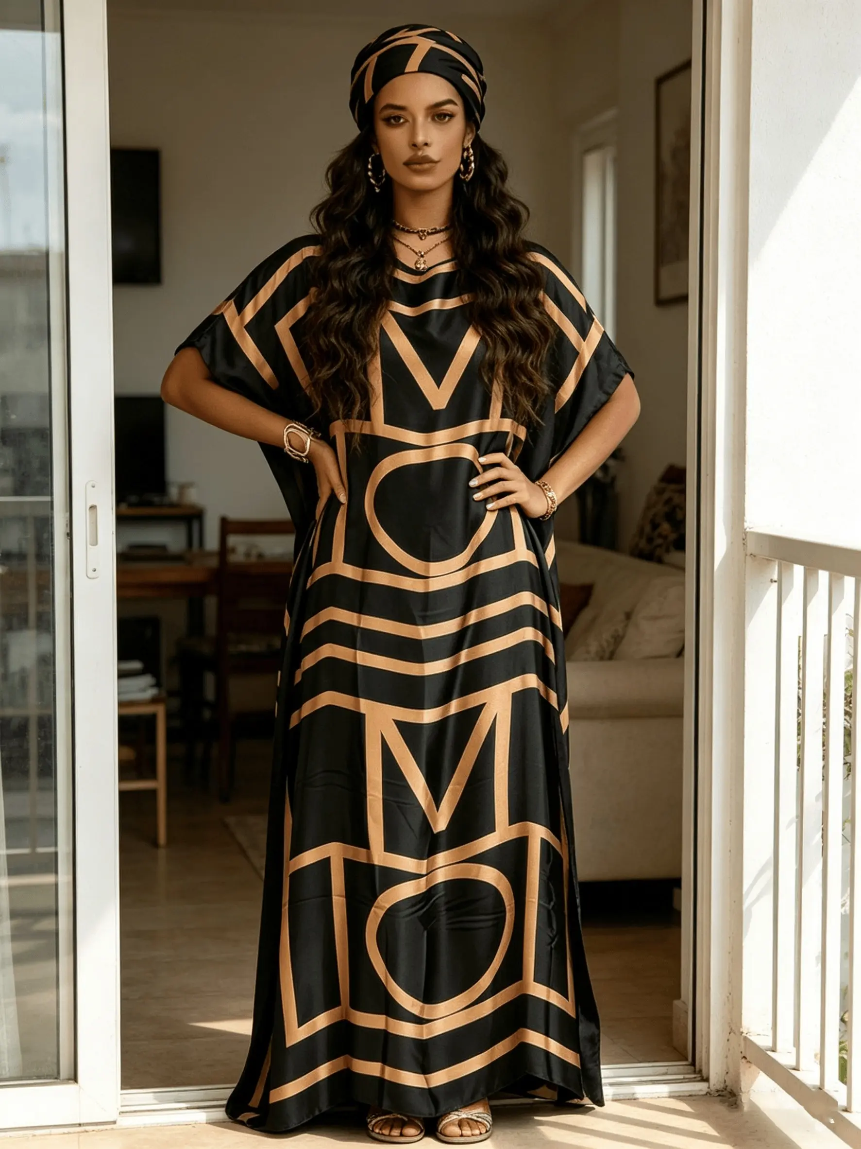 1 Robe+1 Scarf Black Gold Geometric Printed Robe Set Large Women's Boat Neck Loose Flesh Covering Long Dress+Scarf Light Luxury Vacation Style Long Dress Boho Bohemian Style Kaftan Robe Elegant Sexy Vacation/Daily Flesh Covering and Slimming Two Piece Set