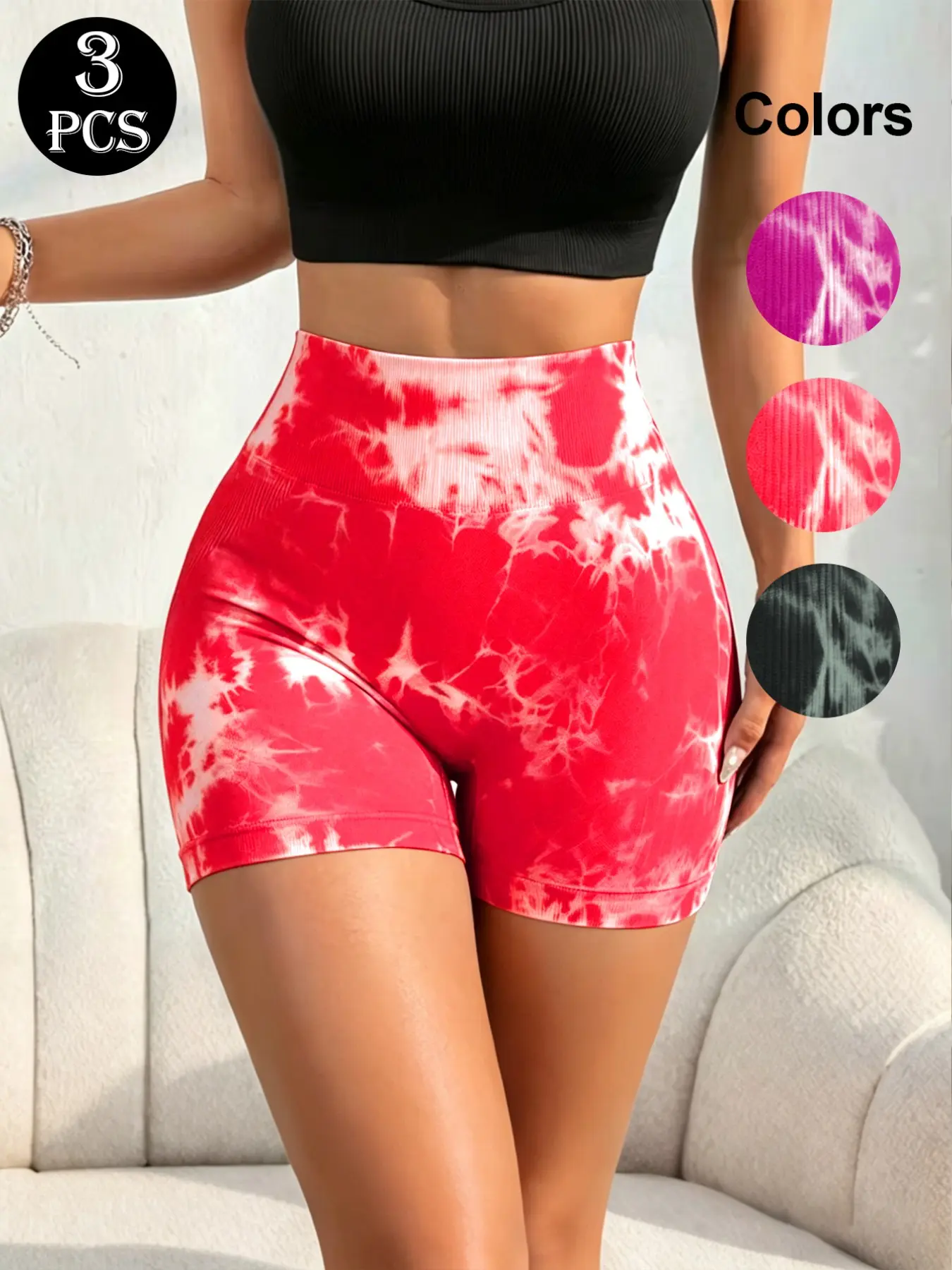 3pcs Tie-Dye Seamless High-Elastic Sport Tight Pants, High-Waisted Slim Fit, Breathable and Stretchy, Ideal for Yoga and Running, Elastic Sporty Fitness Yoga Shorts