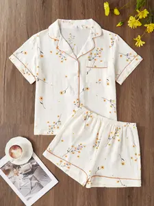 Cream Dainty Floral Pajama Set Texture Woven Yellow Daisy Sleepwear Contrast Piping Notch Lapel Button Down Shorts Set For Women
