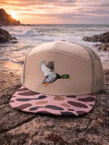 Flying Mallard Duck Hunting Trucker Hat, Duck Hunter Camo Hat, Waterfowl Hunting Snapback Cap, Embroidered Mallard Duck Hat, Duck Hunting Gift for Men, Mesh Back Outdoor Hat