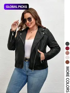 Women's Plus Size Plain PU Zippered Jacket, Coats, Casual Fitted Outerwear for Spring & Fall, Womenswear