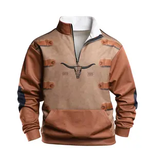 Western Style Bull Head Print Half Zipper Hoodie Vintage Workwear Style Autumn Winter Trendy Jacket for Men
