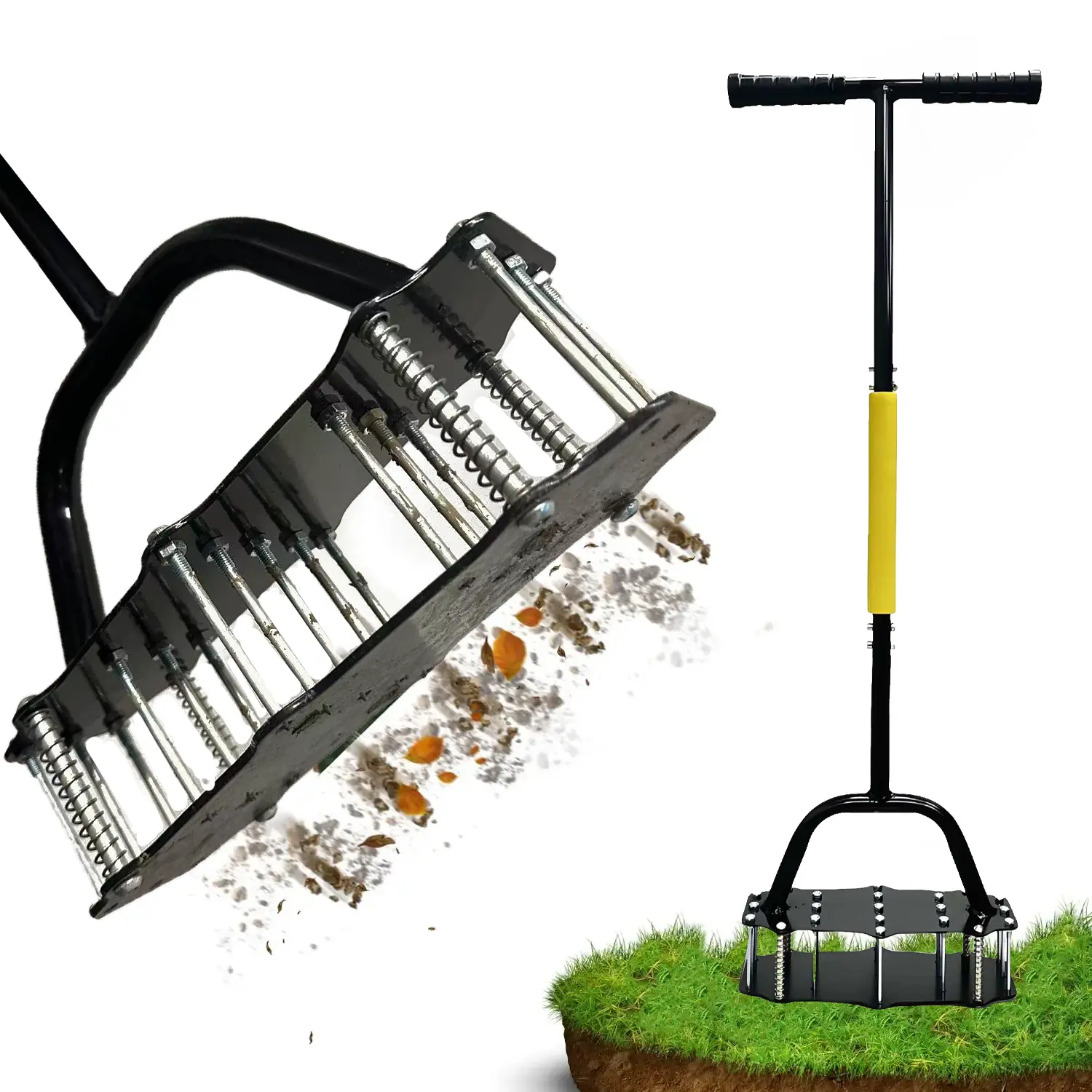 Heavy Duty Thick Iron Manual Lawn Aerator Tool, 17-Inch Height-Adjustable Spike Garden Tool with Dual Springs, Automatic Dirt Cleaning & Hex Drill for Lawn Grass Soil Loosening, Inches
