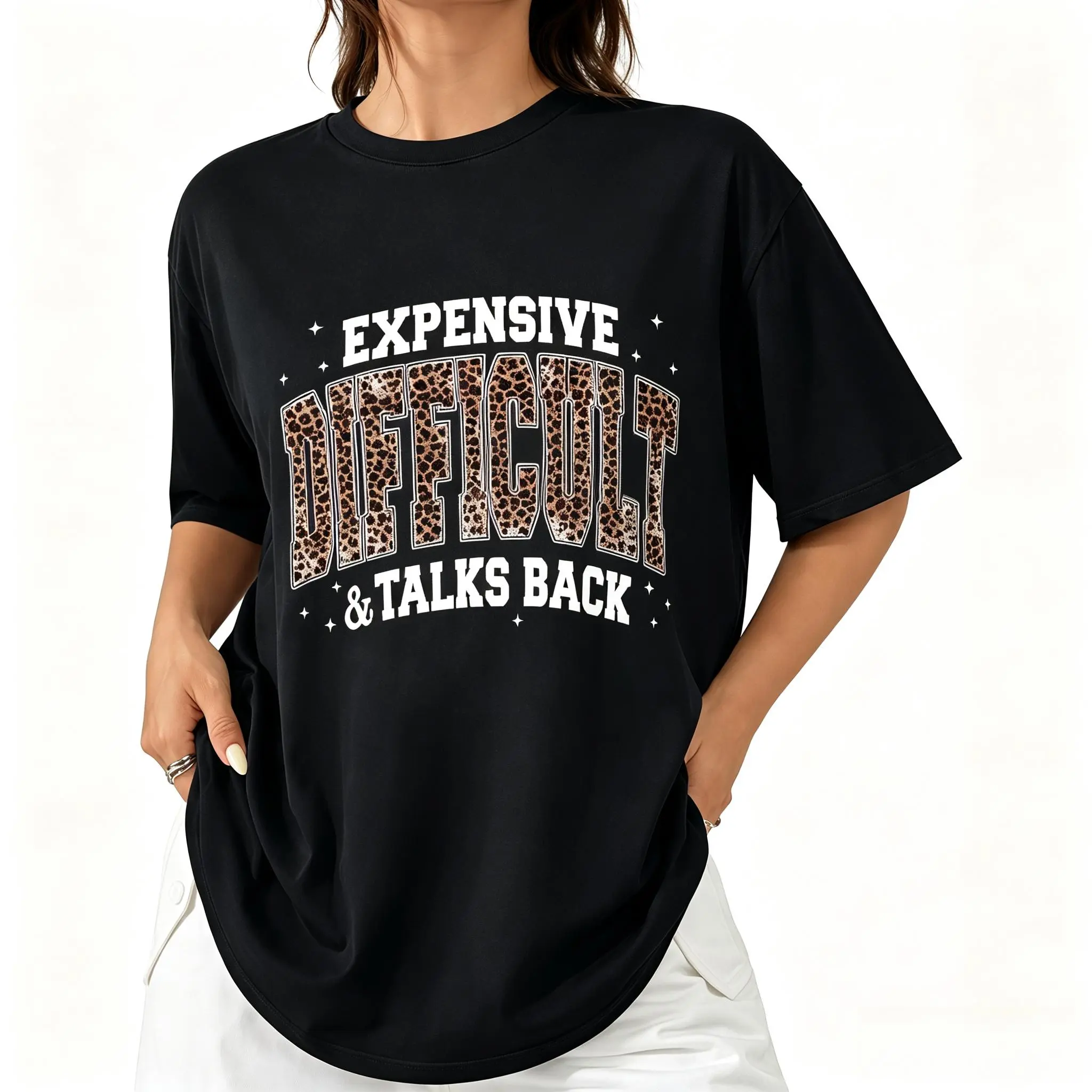 "Expensive, Difficult & Talks Back" Leopard Tee – Women's Funny Mom Gift – Animal Print Graphic – Casual Crew Neck