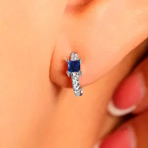 Sterling Silver Blue Square Stud Earrings with CZs, Made in Italy