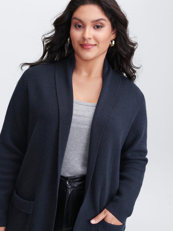 BLOOMCHIC Supersoft Indigo Kimono Collar Open-Front Knit Cardigan with Pockets for Women Loose Fit High Stretch Tunic Sweater