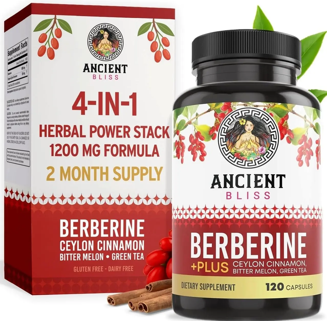 Ancient Bliss Berberine HCL 1200mg with Ceylon Cinnamon, Bitter Melon, and Green Tea Extract - 120 Capsules