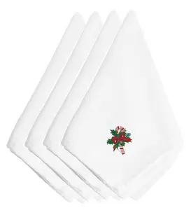 212 MAIN Polyester Christmas Candy Cane & Holly Embroidered Napkins, 4-Pack Set, Holiday Kitchen Linens Tableware