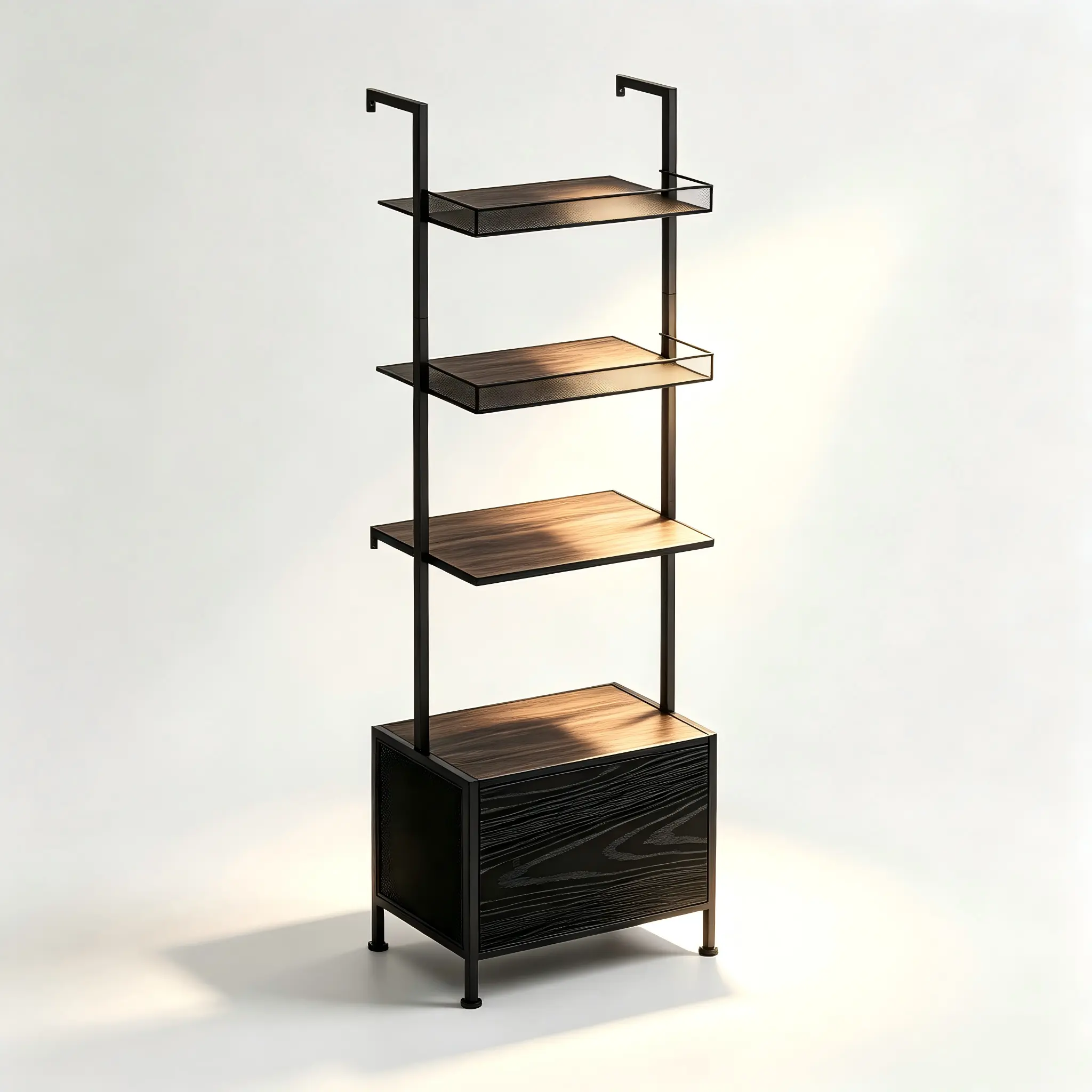 4-Tier Narrow Metal-Wood Freestanding Ladder Rack with Cabinet, Mesh Guards & Adjustable Legs, Open Display Storage Shelf for Kitchen, Living Room, Bathroom