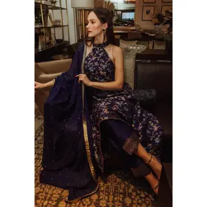 Lazuli Blue Banarasi Silk Salwar Kameez Set with Halter Neck