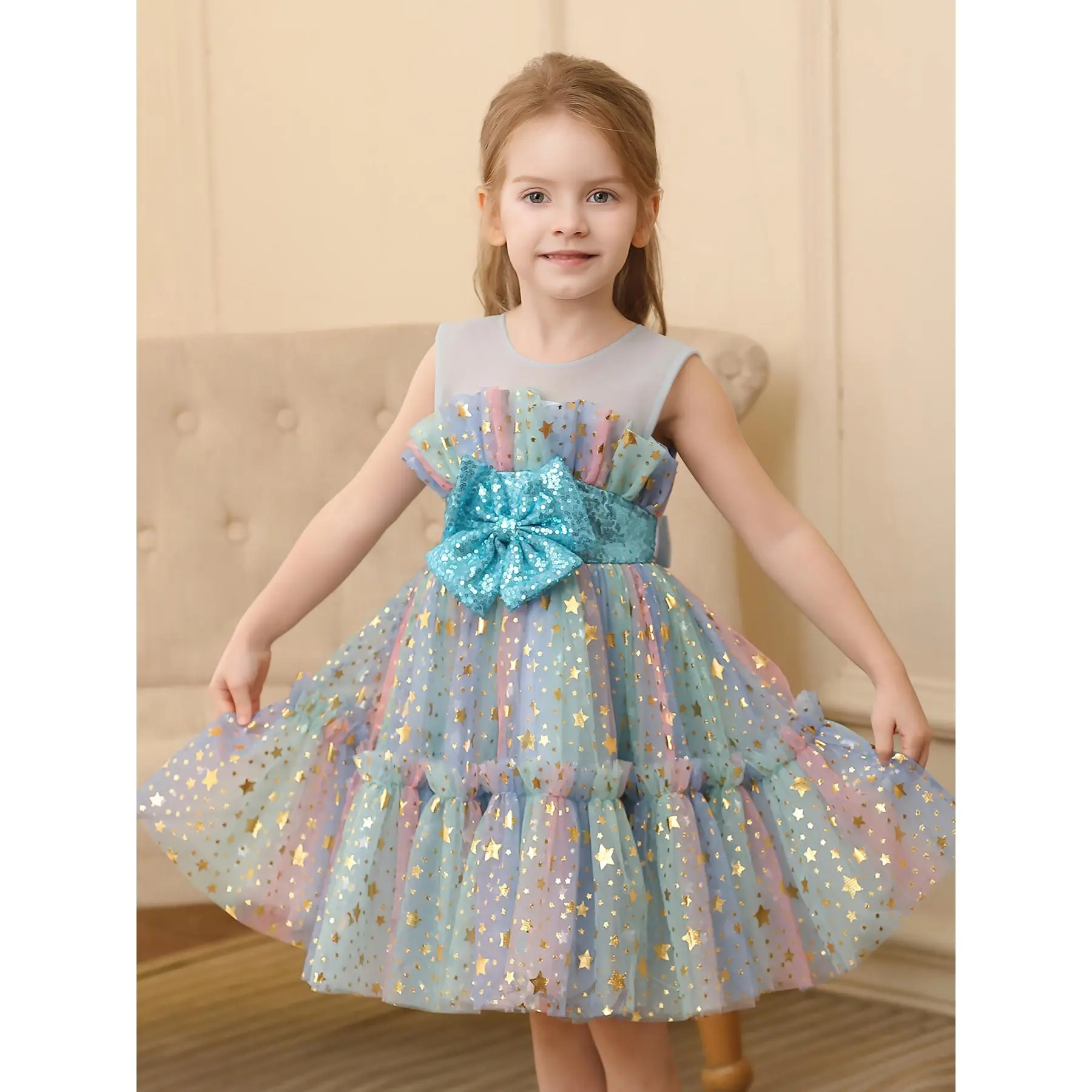 Toddler Girl Pastel Rainbow Gold Star Sequin Tulle Dress, Sleeveless Sparkly Bow Tiered Tutu Gown For Birthday Party Princess Cosplay Wedding Flower Girl Photoshoot # princess style formal gown # spring birthday dress # anniversary birthday baptism