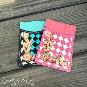 Belle Checkered Tooled Leather Credit Card Holder
