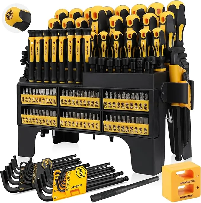 Father's Day Gift-140-Piece Magnetic Screwdriver Set - Includes SAE & Metric Hex Keys, Precision Tools, Magnetizer Demagnetizer & Plastic Storage Rack - Ideal Gift for Men & DIY Enthusiasts