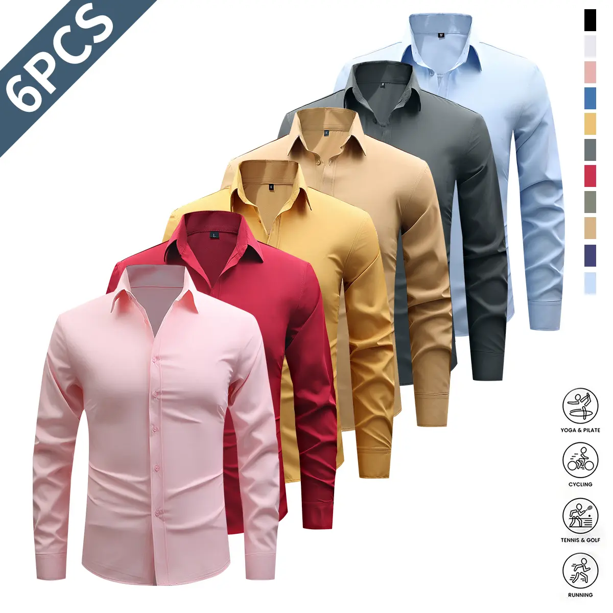 Pack of 6 Men's Solid Dress Shirts with Long Sleeves and Fine Gemtone Buttons, Available in Multiple Colors, Perfect for Work and Casual Wear Pack of 6 Men's Solid Dress Shirts with Long Sleeves and Fine Gemtone Buttons, Available in Multiple Colors, Perfect for Work and Casual Wear