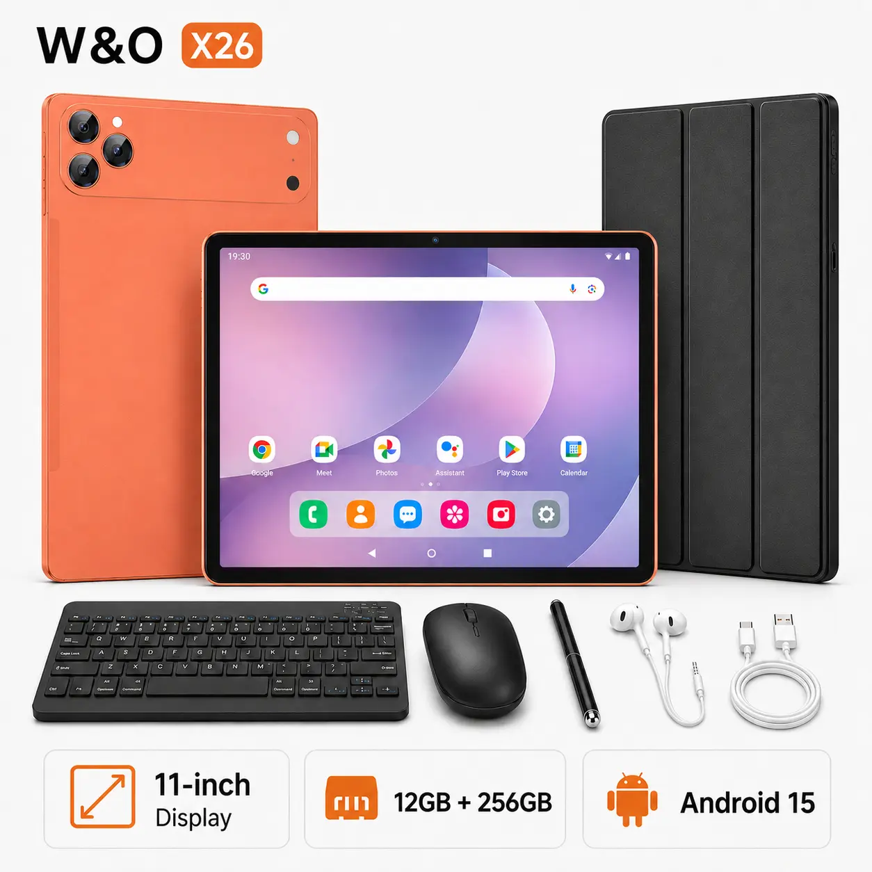 W&O X26 Tablet Bundle, Android 15, 11" HD Display, Big Storage, 10000mAh Battery, GPS, Keyboard, Wireless Mouse, Stylus, Earphones & Protective Case for Work, Study and Streaming