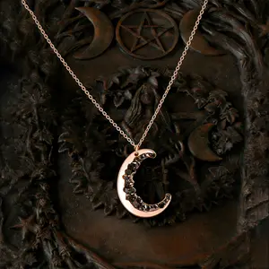 Witchy Jewelry - 925 Sterling Silver  Gold Vermeil Crescent Moon Necklace with Black Crystal Accents, Minimalist Long Pendant for Women, Witchtok Jewelry